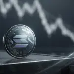 Solana coin illuminated against a blurred falling market chart, symbolizing ETF inflows despite price pressure.
