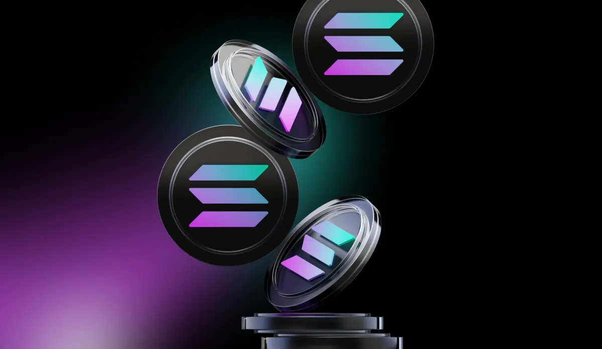 3D render of floating Solana SOL cryptocurrency tokens with purple and teal gradients on a dark background