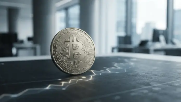 us-arbeitsmarkt-bitcoin-zinspolik Bitcoin coin in a subdued financial market setting reflecting U.S. jobs data and interest-rate uncertainty