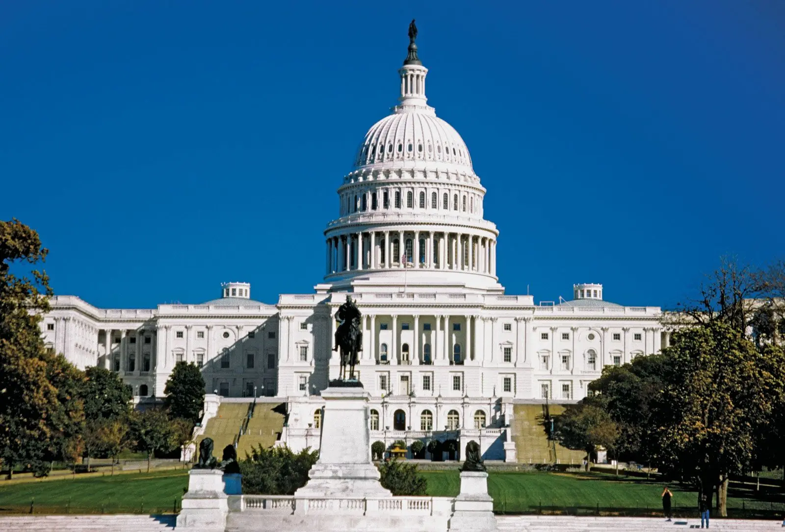 Front view of the white US Capitol building with its large dome under a clear blue sky