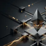 Facettierter Ethereum-Diamant über einer abstrakten Blockchain-Testumgebung in Schwarz und Gold