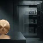 Goldener Stablecoin vor einem teilweise verschlossenen Banktresor als Symbol für eingefrorene Gelder und Bankrisiken.
