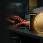 Gold cryptocurrency coin amid red institutional capital outflows and a calm amber market glow