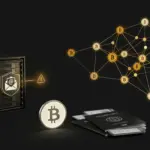 Bitcoin-Historien offengelegt: Was Revolut-Kunden jetzt prüfen müssen Abstrakte Darstellung eines Bitcoin-Datenlecks mit Blockchain-Transaktionen und geschützten Identitätsdokumenten