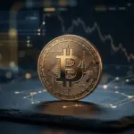Bitcoin-Kauf startet mit 2,35 Millionen Dollar Buchverlust Goldene Bitcoin-Münze vor dunkler Blockchain-Datenvisualisierung als Symbol für einen Whale-Kauf mit Buchverlust