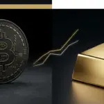 Bitcoin coin and gold bullion with abstract converging market lines