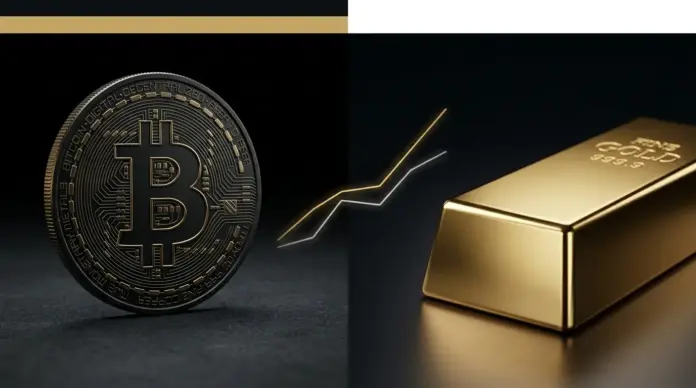 bitcoin-korrelation-zu-gold-steigt-deutlich Bitcoin coin and gold bullion with abstract converging market lines
