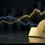 Gold Bitcoin coin beside bullion with contrasting market trajectories symbolizing Bitcoin’s shifting correlation with gold.
