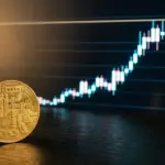 Bitcoin coin beneath a chart approaching a key resistance level