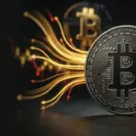 Bitcoin coin beside abstract golden ETF capital outflows in a volatile crypto market