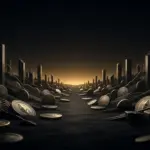 Dunkle Altcoin-Marktlandschaft mit fallenden Token und einem schwachen goldenen Licht am Horizont