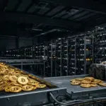 CleanSpark verkauft im August 228 Bitcoin mehr als geschürft Bitcoin-Mininganlage mit goldenen Coins, die höhere Verkäufe als die eigene Produktion symbolisieren