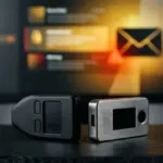 Echte Absender, falsche Warnungen: Trezor und BitBox alarmieren Hardware-Wallets neben einer verdächtigen Phishing-Mail mit Warnsignal