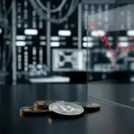Bitcoin auf dunklem Trading-Schreibtisch vor einer fallenden Kursgrafik zur Celsius-Klage gegen BitMEX