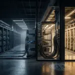 Bitcoin-Mininghalle mit KI-Servern als Symbol für den Wandel der Miner zu AI-Infrastruktur