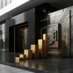 Moderne Bank mit sicherem Krypto-Verwahrdepot und goldenen Elementen als Symbol für den MiCA-Aufstieg