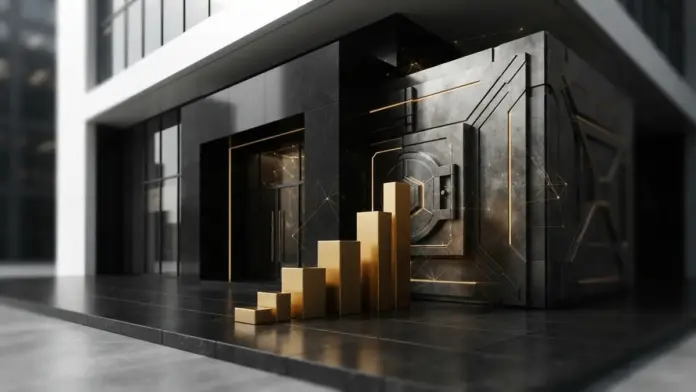 kreditinstitute-holen-im-mica-register-auf Moderne Bank mit sicherem Krypto-Verwahrdepot und goldenen Elementen als Symbol für den MiCA-Aufstieg