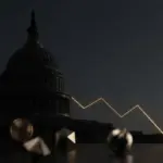 US-Kapitol und fallende goldene Marktkurve symbolisieren den Druck auf Krypto-Märkte nach dem CLARITY-Votum.