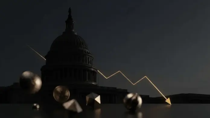 krypto-maerkte-unter-druck-clarity-act US-Kapitol und fallende goldene Marktkurve symbolisieren den Druck auf Krypto-Märkte nach dem CLARITY-Votum.
