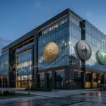 Sberbank will Krypto-Handel mit Ether und USDT absichern Sberbank-inspired bank headquarters with abstract Bitcoin, Ether and USDT market visuals