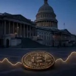 US-Kapitol und Bitcoin-Symbol visualisieren die Senatsabstimmung zum CLARITY Act und ihre Marktwirkung