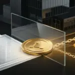 Tokenisierte Aktien: Tenev zieht klare Grenze für Emittenten Goldener Token zwischen Aktienregister und Blockchain als Symbol für die Emittentenkontrolle
