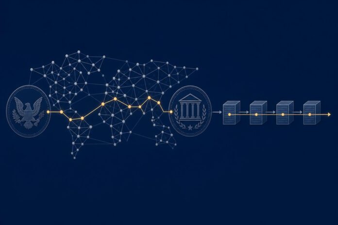 Abstrakte Illustration eines regulierten globalen Stablecoin-Netzwerks mit Knoten und Blöcken