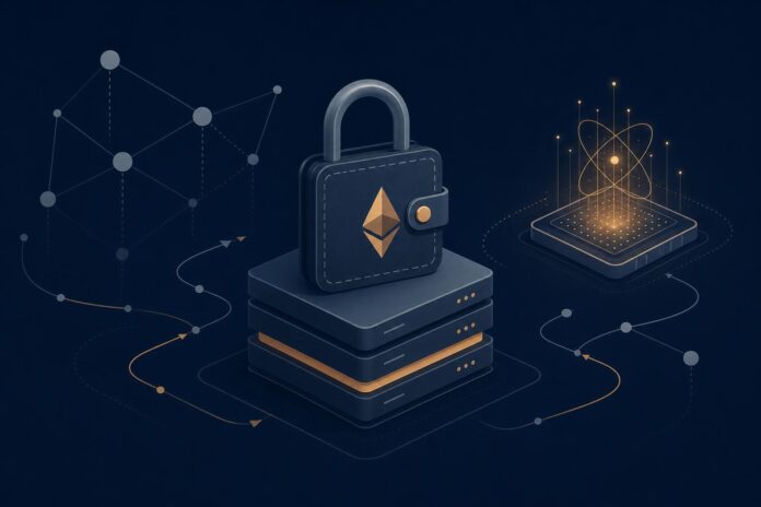 Abstrakte Illustration: Schloss auf Ledger-Blöcken, Symbol für quantensichere Krypto-Wallets
